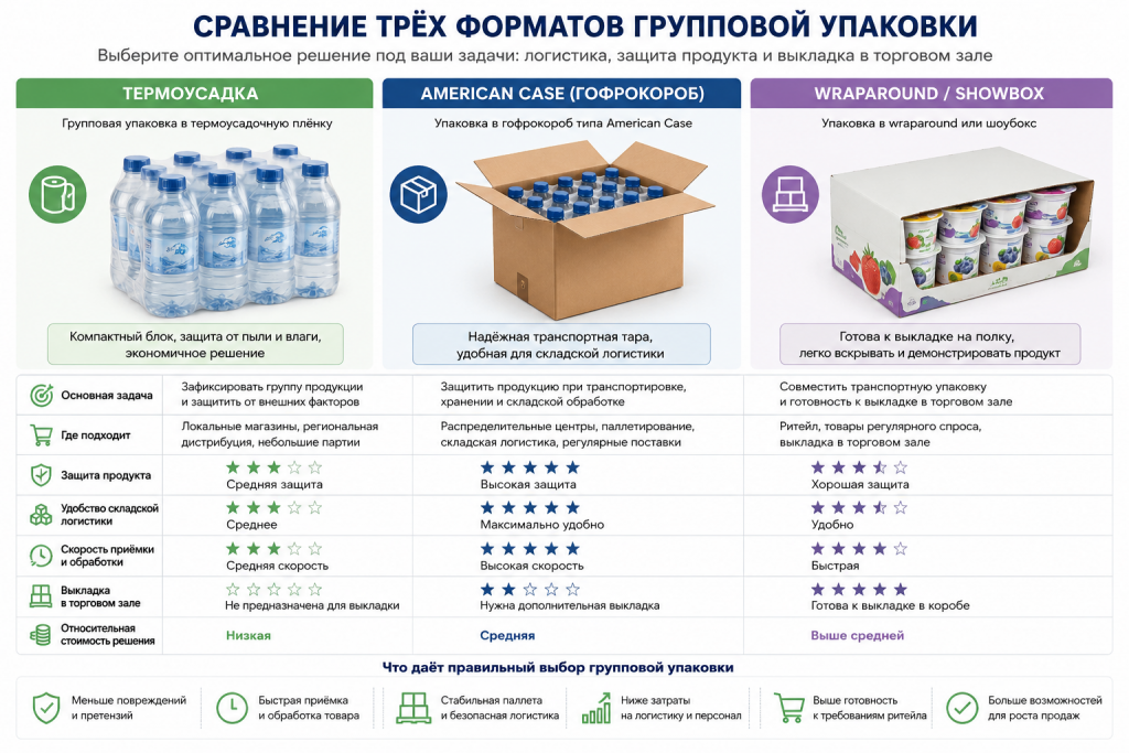 Сравнение трёх форматов групповой упаковки: термоусадка, American Case и wraparound showbox
